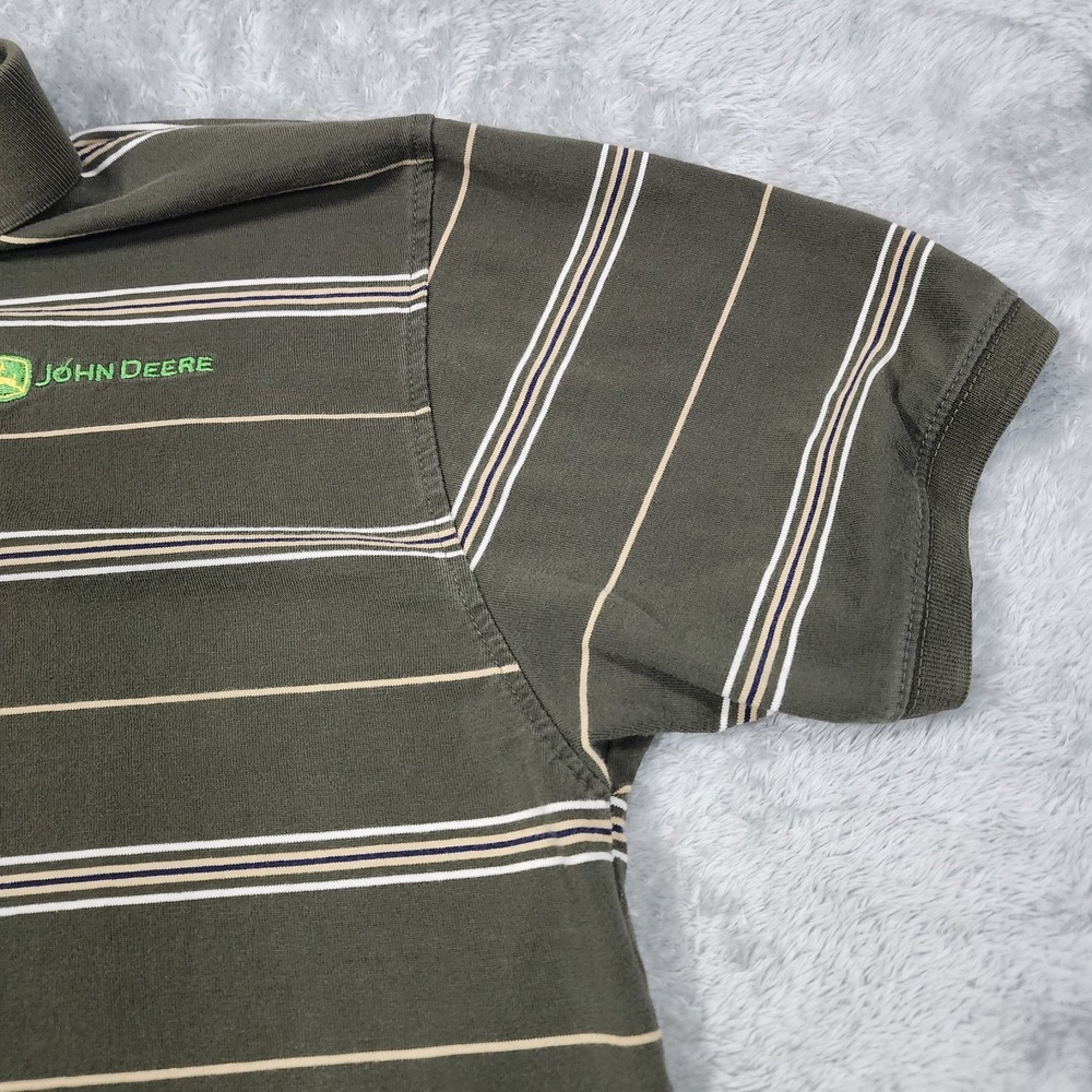 John Deere Polo Shirt Mens Medium Green Striped Embroidered Logo‎ Casual Cotton - Picture 5 of 13